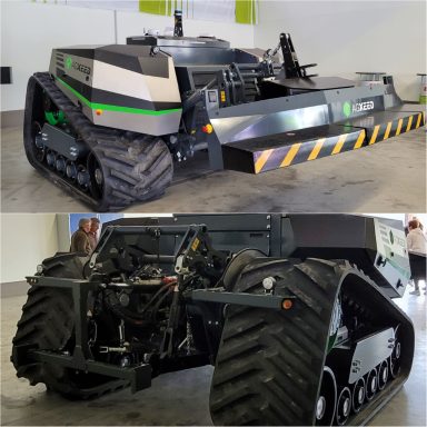 Moderner Landwirtschaftsroboter mit Kettenantrieb und vielseitigem Design.