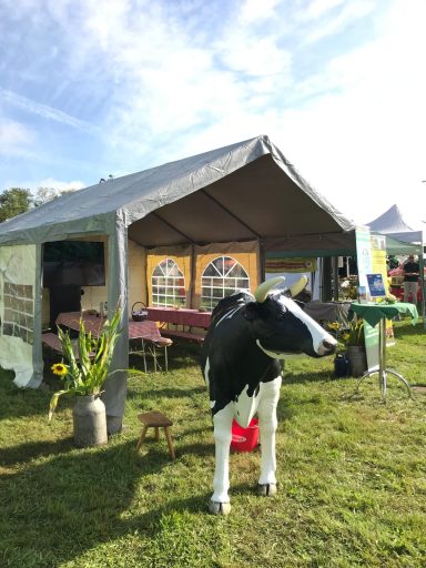 Zelt mit einem Tisch, dekoriert mit einer Kuhfigur und Pflanzen im Freien.